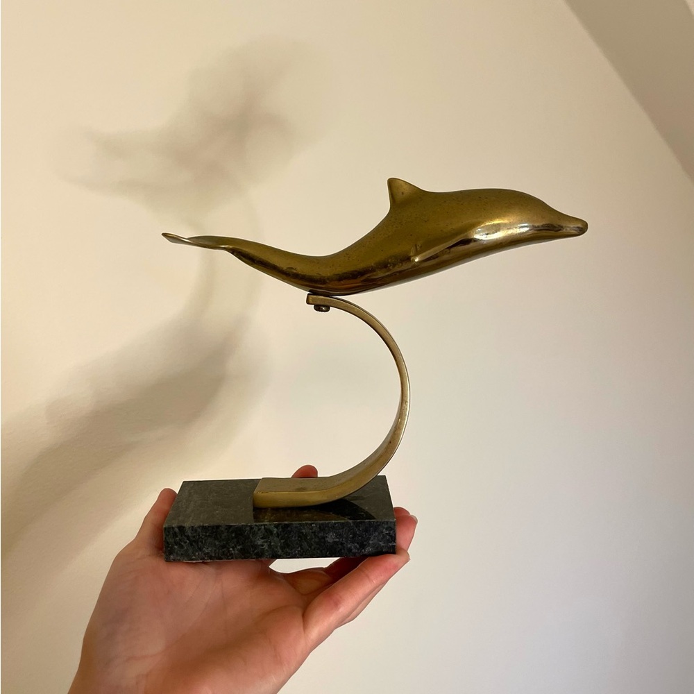 Vintage Brass Dolphin Figurine on Green Marble Stand